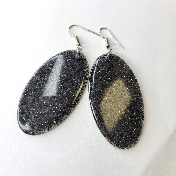 Black Glitter Earrings Oval Dangle Sparkly Earrings Light Black Earrings - Picture 1 of 7